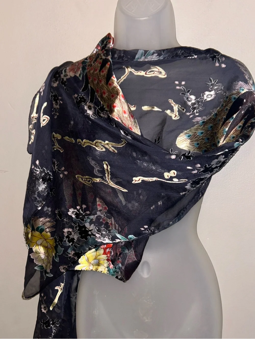 Asian Inspired Silk Scarf - sheer black w/all over print
